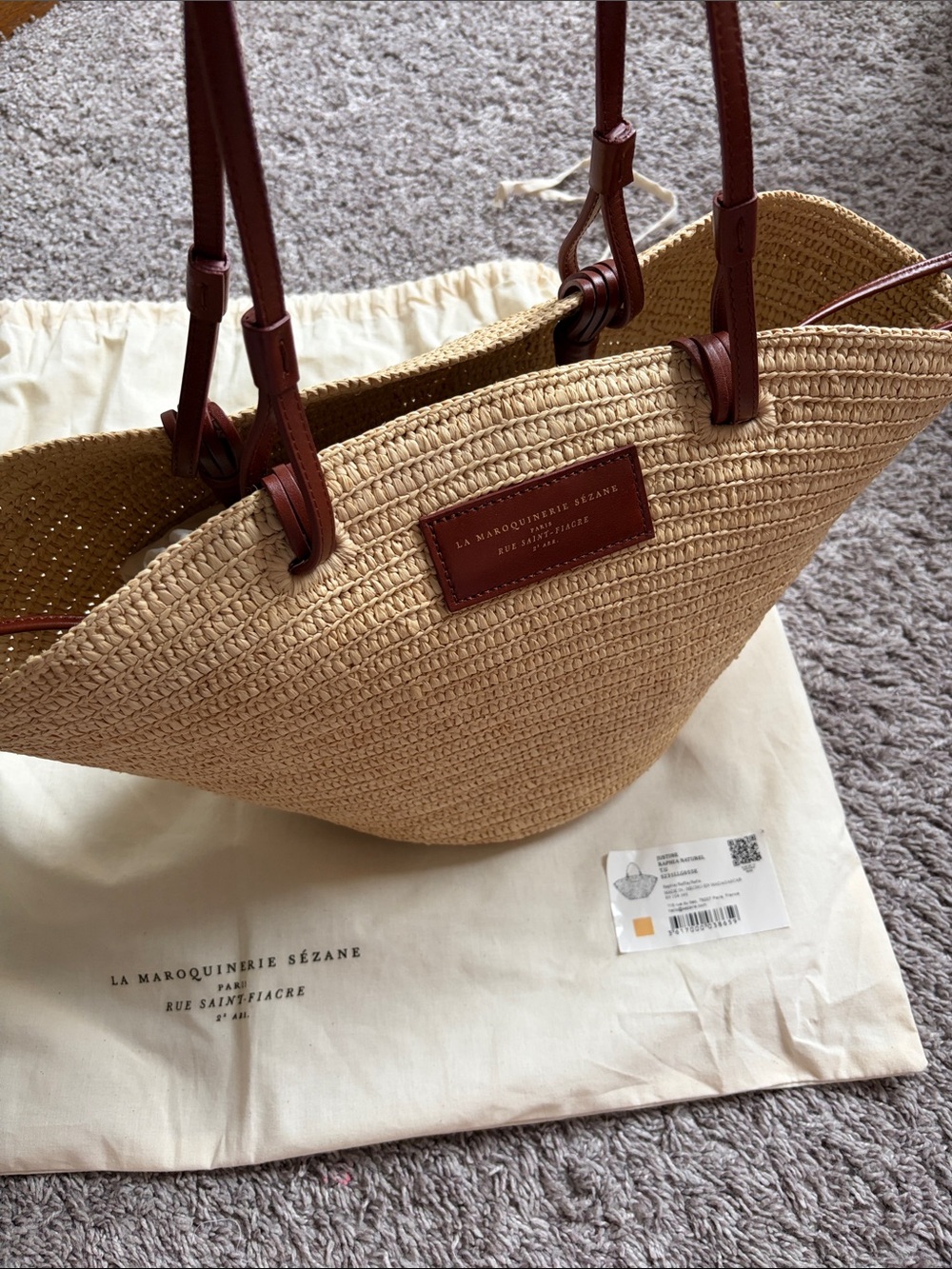 Woven Justine Raffia Straw Tote Bag with Brown Leather Trim - Picture 2 of 7